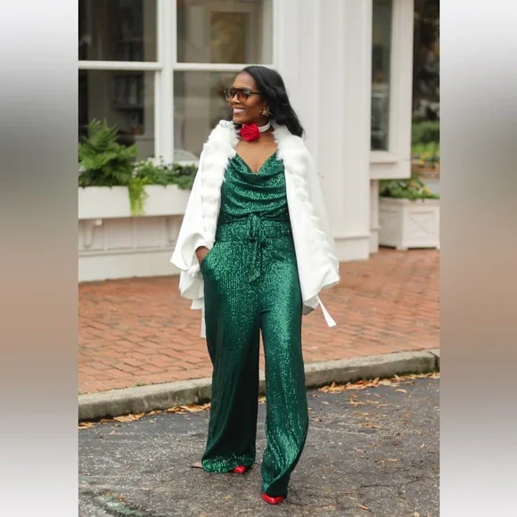 Boston Proper Sequin Cowl Neck Jumpsuit in Deep Emerald- Worn Once for pics - Picture 4 of 9